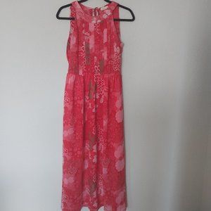 Zingrin Pink and White Floral Print Pleated Maxi Halter Dress